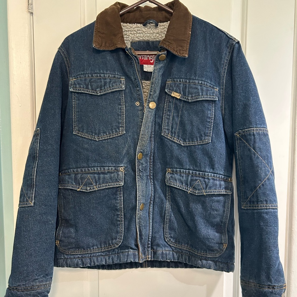 Wrangler western denim blue, jean jacket, double elbow sheep lined  size small